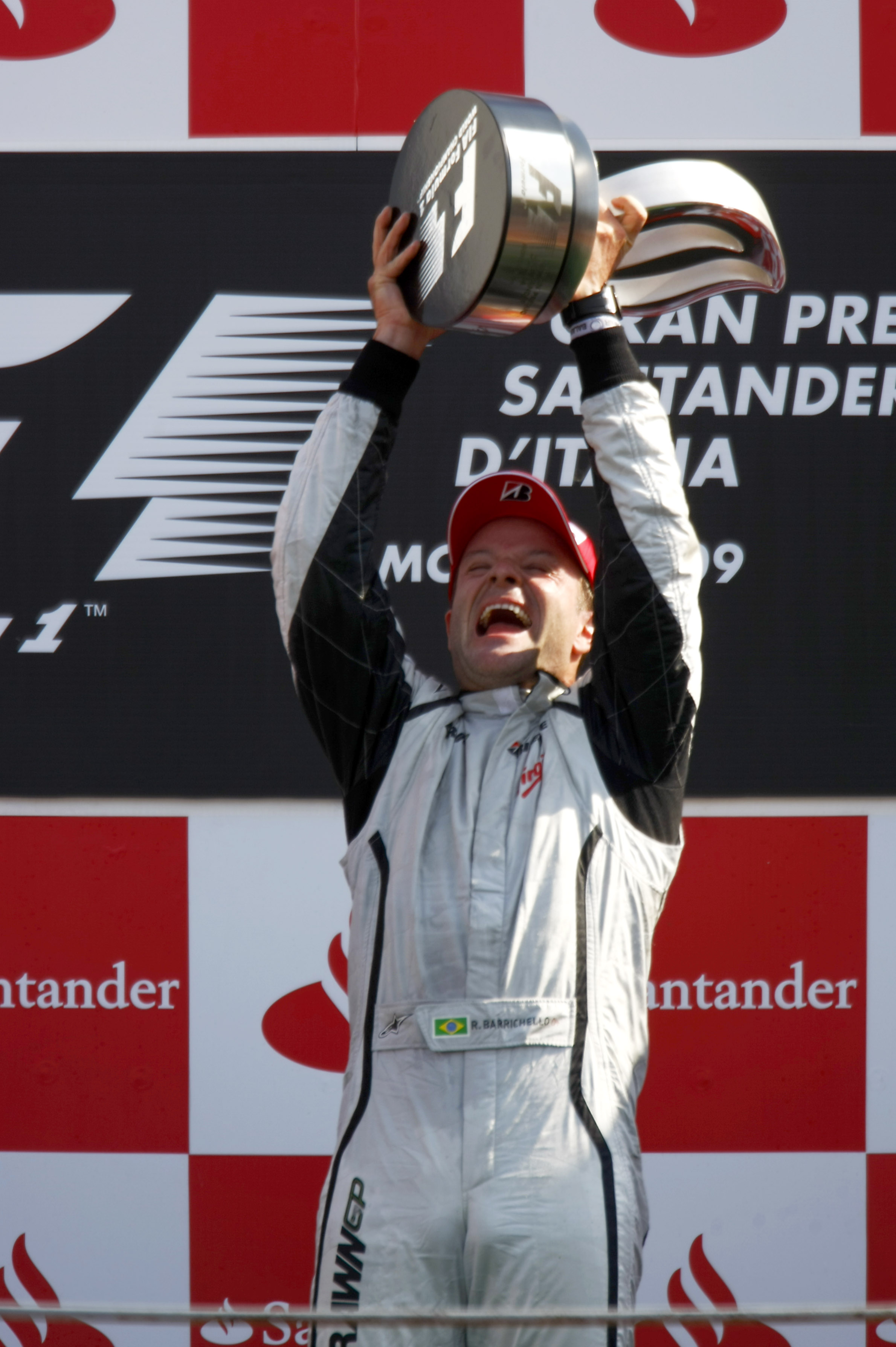Rubens Barrichello celebrates his career's 11th victory at the Monza GP. Photo by Brawn GP.