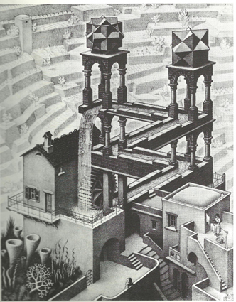 Waterfall, 1961, by MC Escher, lithograph, image courtesdy of the M.C. Escher Foundation - Baarn - The Netherlands.