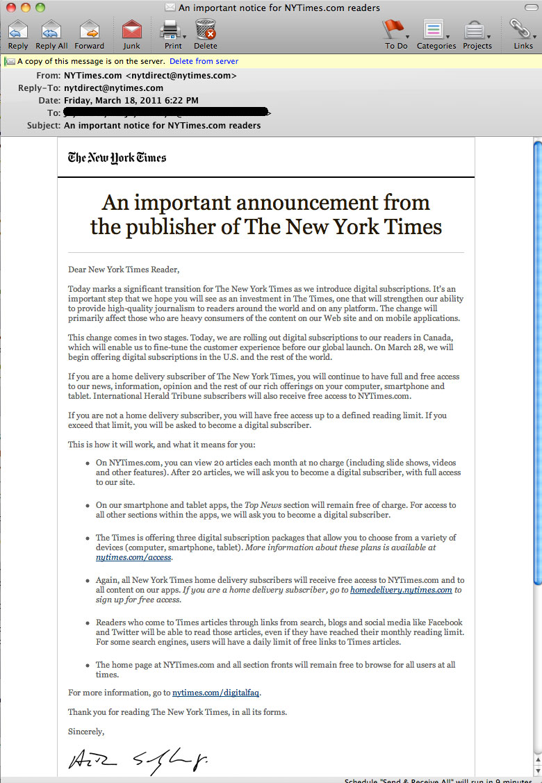 New York Times email sent on March 18th, 2011