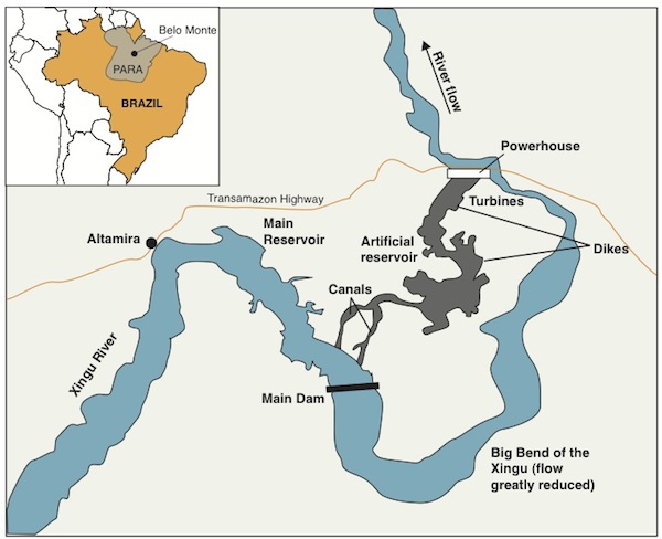 Map of the Belo Monte Dam complex and affected area.