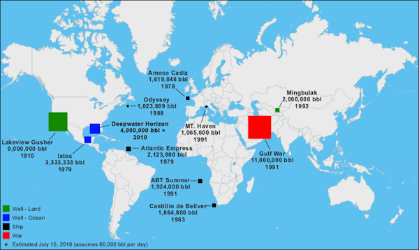 The location of eleven of the world's largest oil spills., map copyright by geology.com.