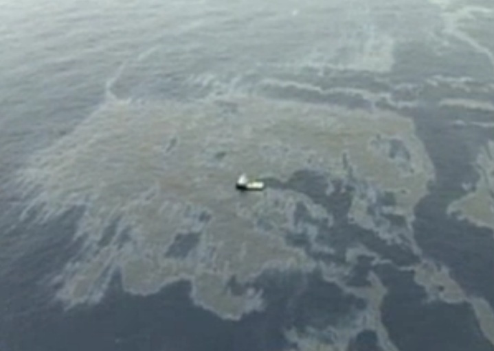 Aerial pictures show the oil slick off the Rio de Janeiro state coastline, image recreation.