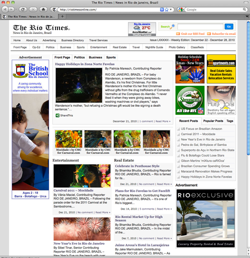 The Rio Times site in December 22, 2010, for last Christmas.