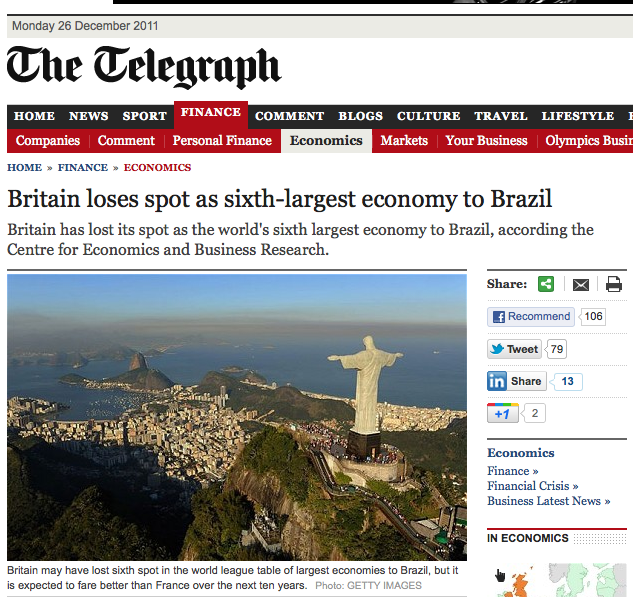 Newspapers the Guardian, Telegraph and Daily Mail all reported Brazil has overtaken the UK as the sixth largest economy, Brazil News
