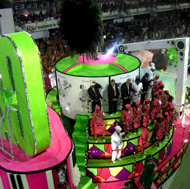 Mangueira's 2011 parade float stand out depicted in the official colors of green and pink, Rio de Janeiro, Brazil, News.