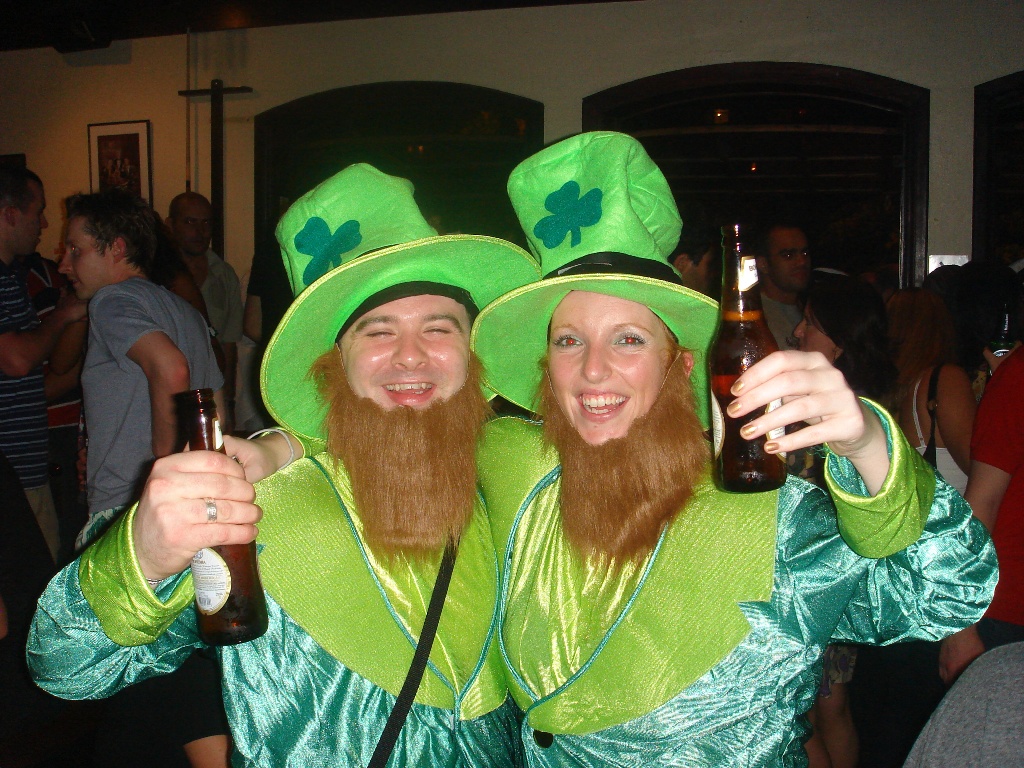 Tall green hats and leprechaun fancy dress at Shenanigans, Rio de Janeiro, Brazil, News.