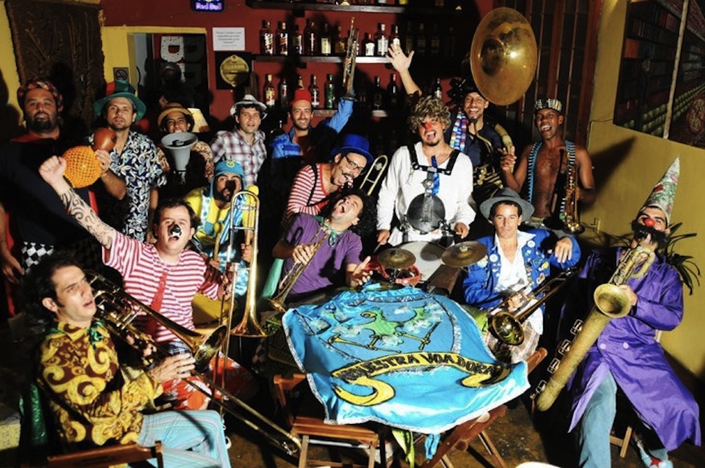 Members of Orquestra Voadora pose with their instruments, Rio de Janeiro, Brazil, News