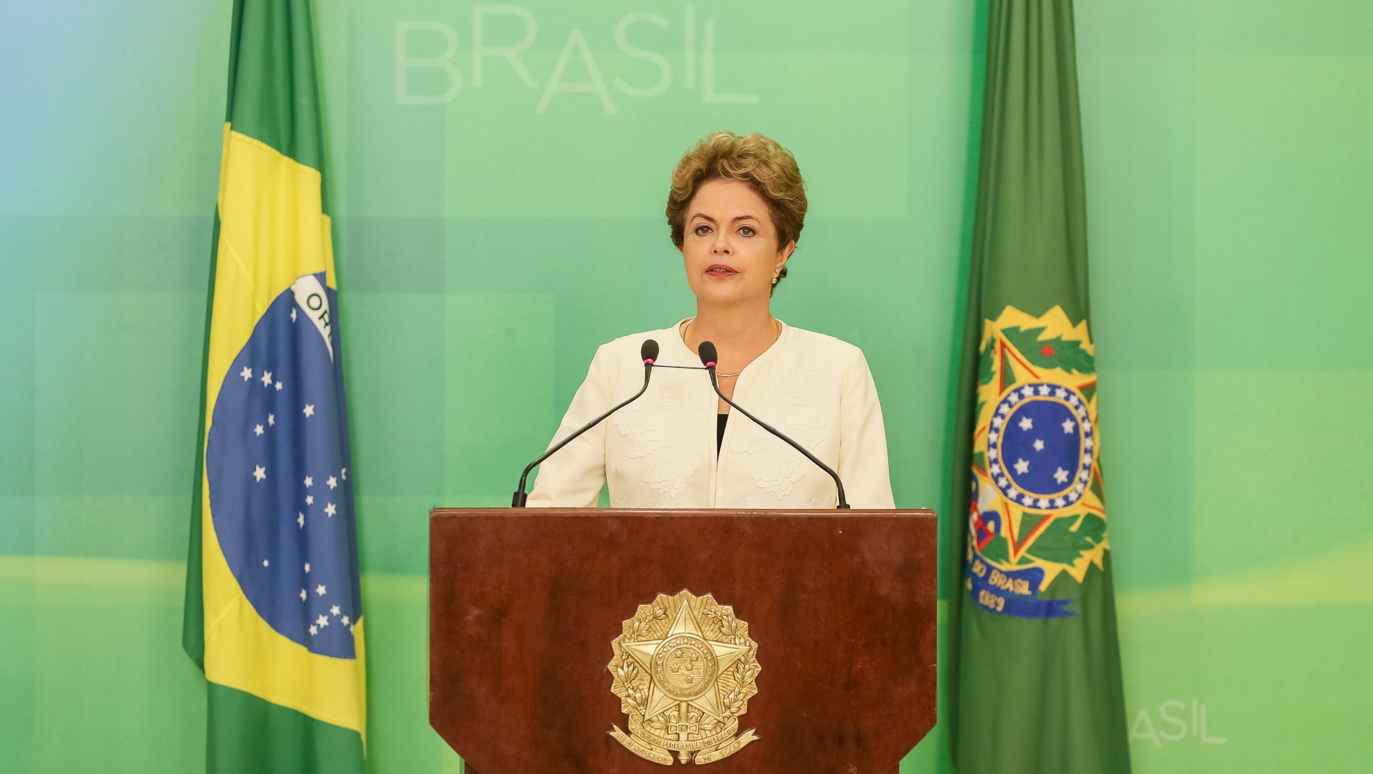 Brazil's President Dilma Rousseff addresses the nation after announcement of impeachment proceedings will be opened,