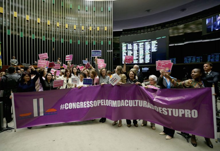 Brazil, Congress,Brazilian Congresswomen protest against rape before Senate passes bill making gang rape sentences stricter