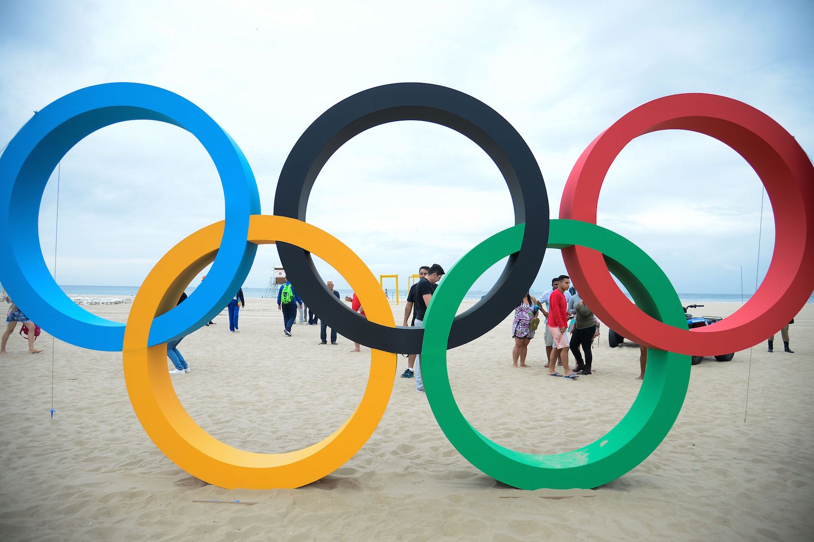 Brazil,Olympic Rings placed on Copacabana Beach as Rio gets ready for the 2016 Games.