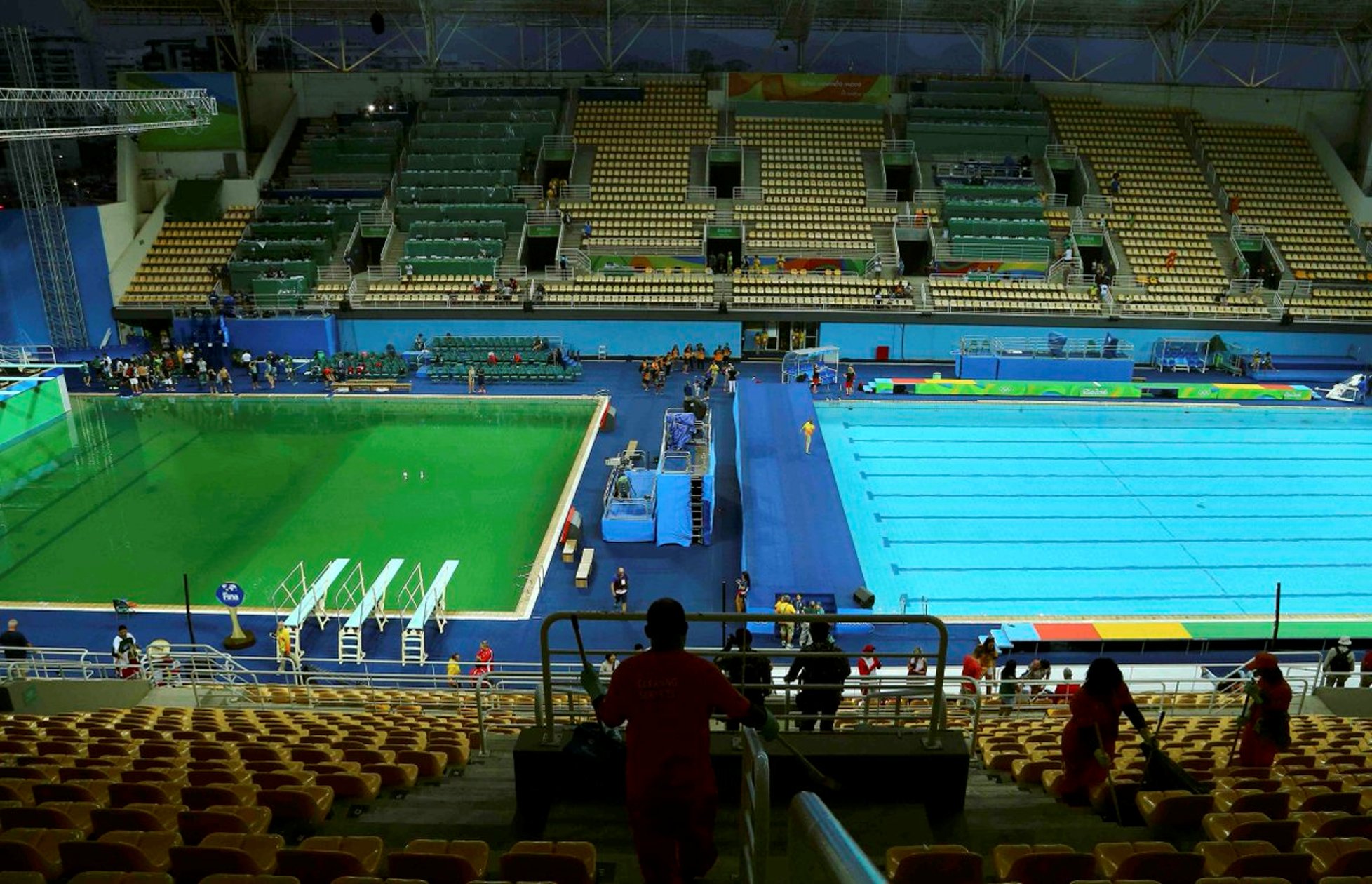Brazil, Rio de Janeiro, Green colored water at diving pool at Rio's Olympic Park is said to be no threat to athletes