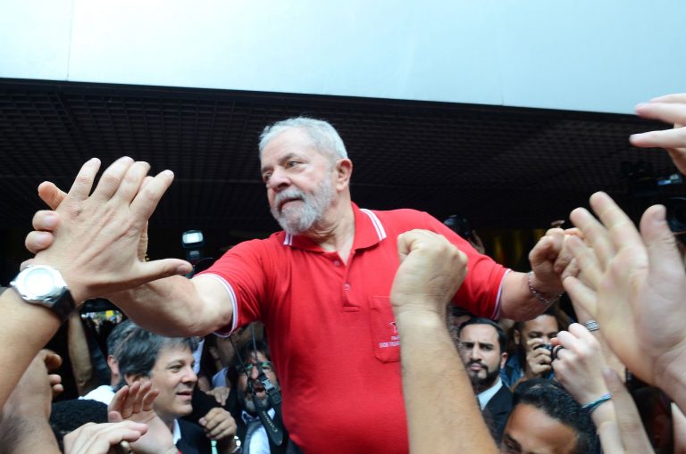 Brazil, Former Luiz Inácio Lula da Silva talks to supporters at a rally in Sao Paulo on Thursday