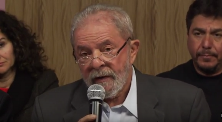 Brazil,Former President Lula speaks to reporters about indictment,