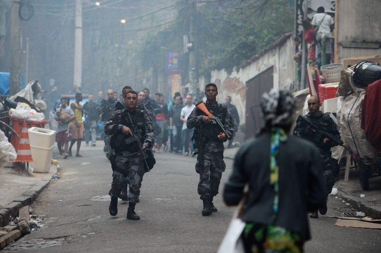 Rio de Janeiro, Brazil,Police patrol entrance to Pavão-Pavãozinho Cantagalo communities in Copacabana after gunfire erupted on Monday