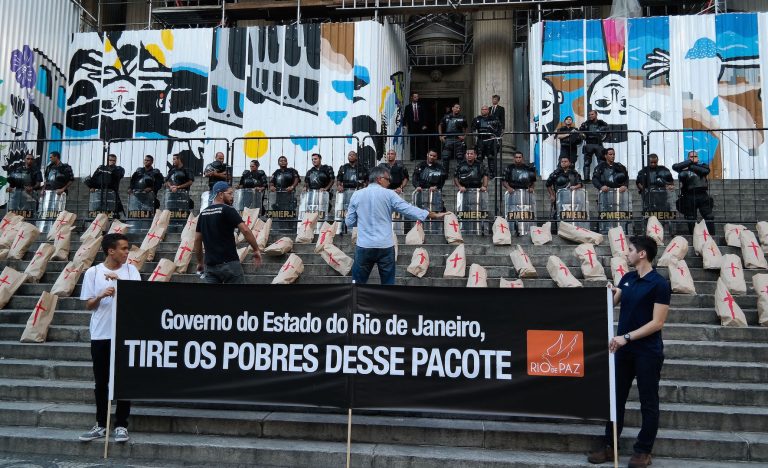 Brazil, Rio de Janeiro,Protesters outside Rio's Assembly building demonstrating against recently announced measures,