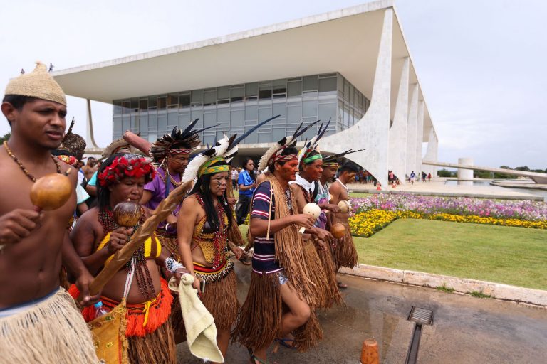 Brazil, Brasilia,Indigenous march on Presidential Palace in Brasilia