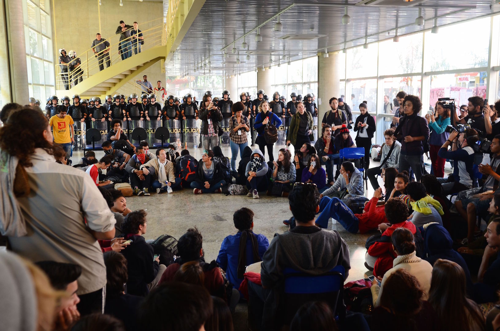 Brazil,Students protesting occupy school in Sao Paulo as police look on,
