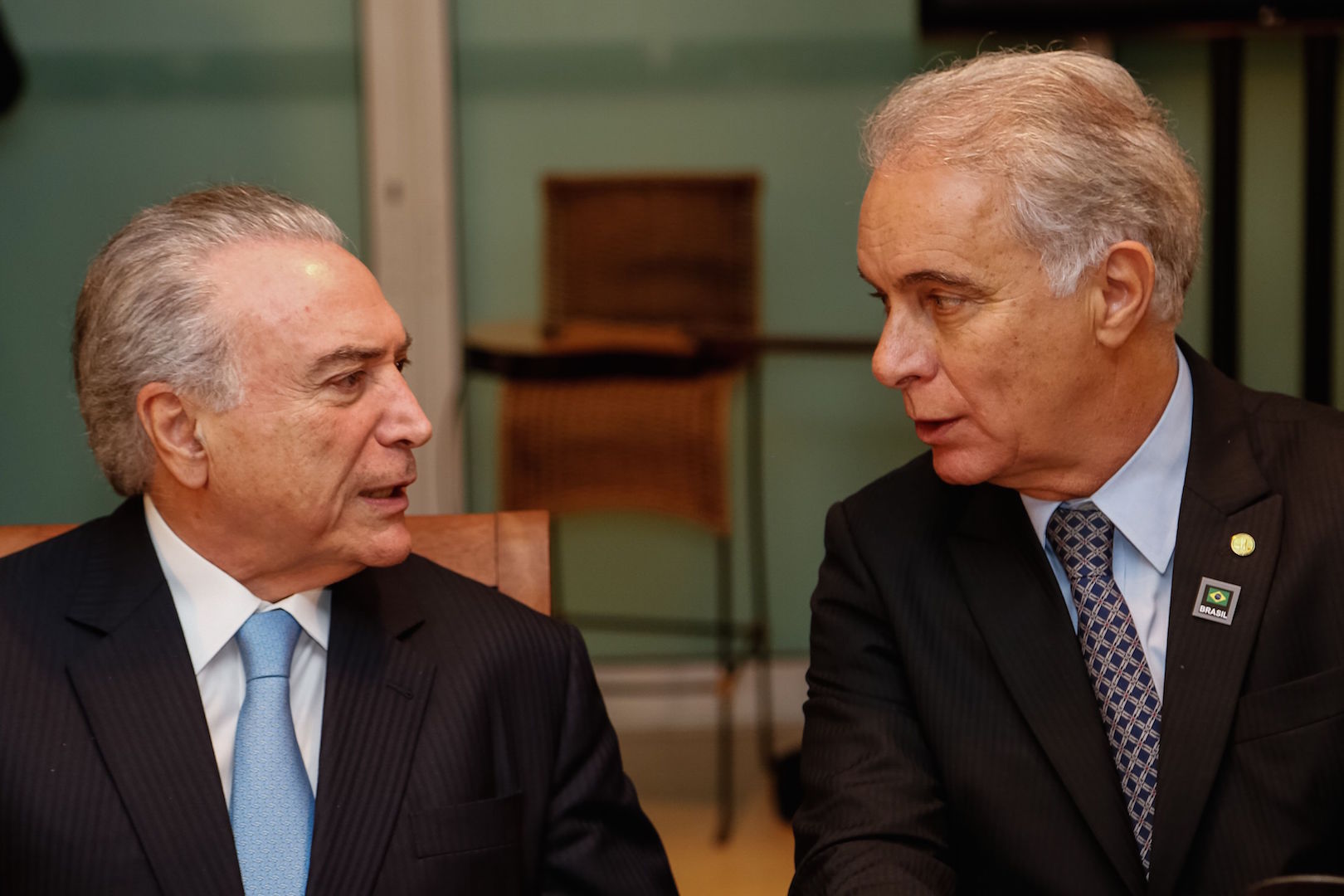 Brazil, Brasilia,President Michel Temer speaks to Congressional Representative Marcos Montes, during CNA luncheon,