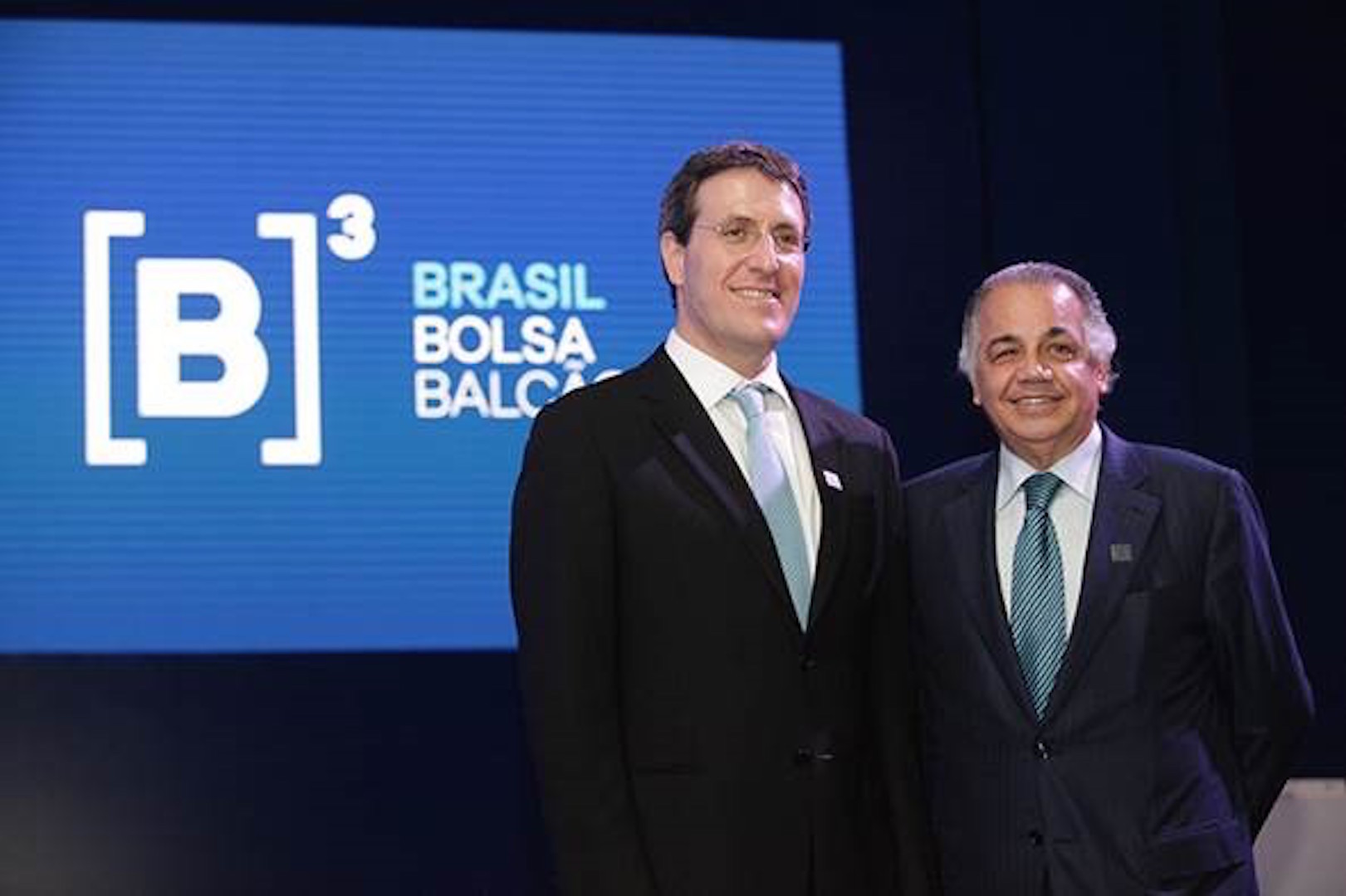 Brazil, Sao Paulo,Cetip CEO, Gilson Finkelsztain, and BM&F CEO, Edemir Pinto, announce merger,