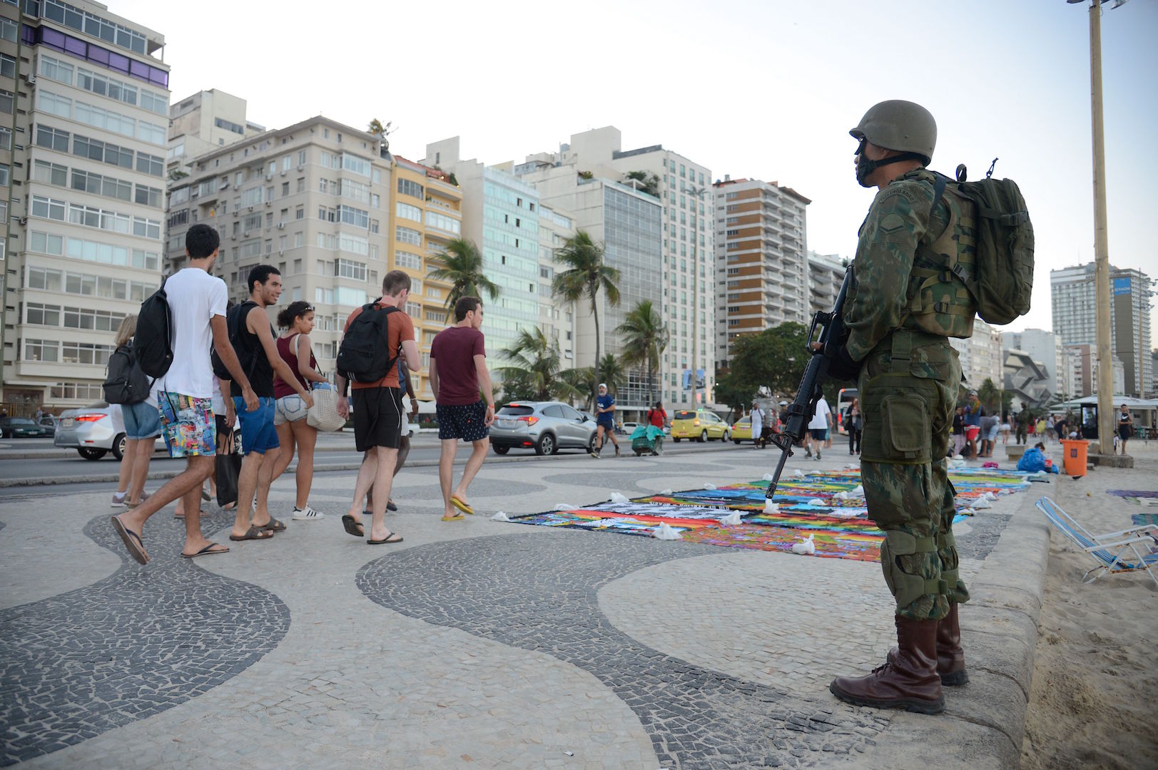 Brazil, Rio de Janeiro,Soldiers guarded beachfront in Rio during first weekend of operations