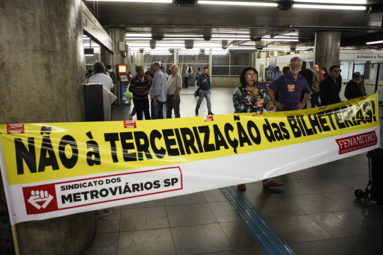 Brazil, São Paulo,Strikers protest against privatization in one of São Paulo's metro stations,
