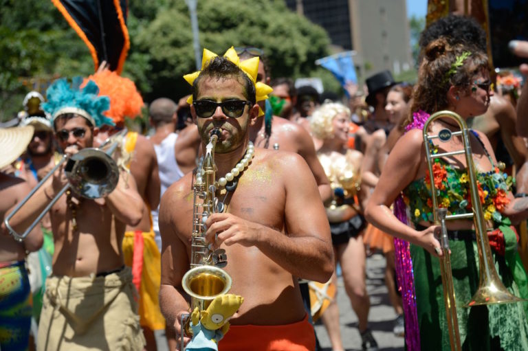 Brazil, Rio,Partygoers in Rio enjoy one of the many street block parades which occurred during the weekend