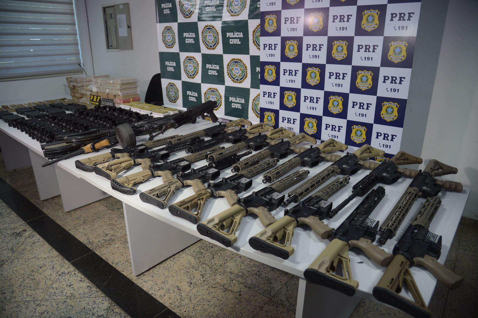 Brazil, Rio de Janeiro,Weapons apprehended by Rio police, including AK-47s,