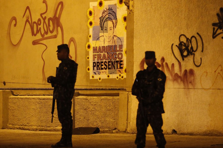 Brazil, Rio,Soldiers block off street fro the reconstruction of Marielle Franco's murder
