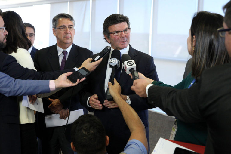 Brazil,Brazil's Supreme Court Justice, Luiz Fux, speaks to reporters after signing agreement with Facebook and Google representatives