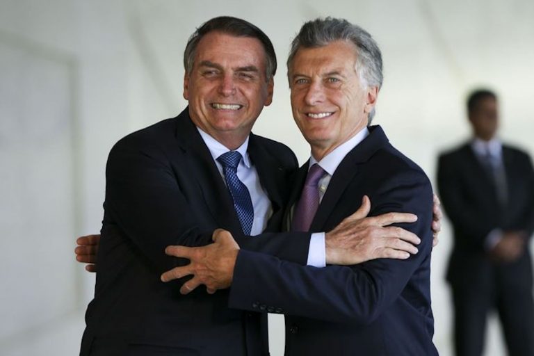 Presidents Jair Bolsonaro and Mauricio Macri after first official meeting between the two leaders in Brasilia, Brazil.