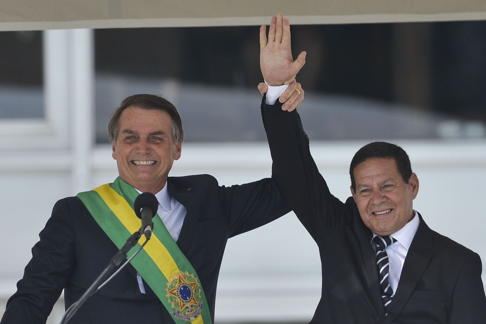 Brazil,President Bolsonaro and VP Hamilton Mourão wave to crowd after being sworn in as 38th President and Vice-President.