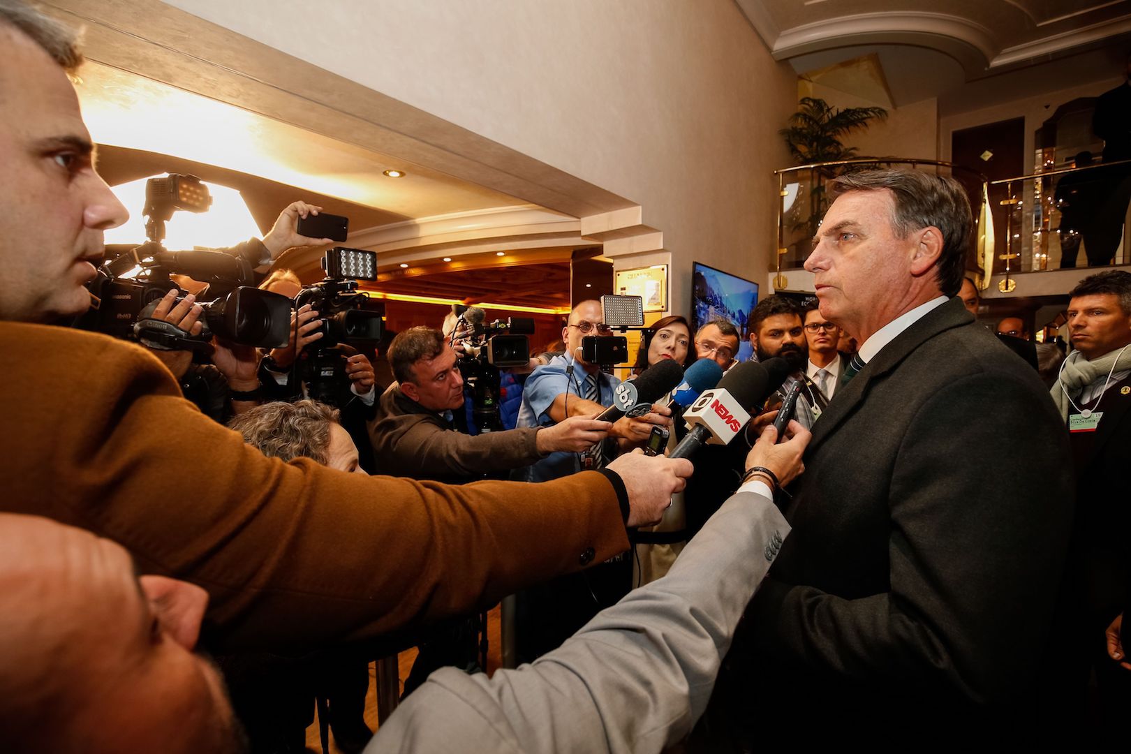 Brazil,President Bolsonaro talks to reporters outside Davos Summit Hall