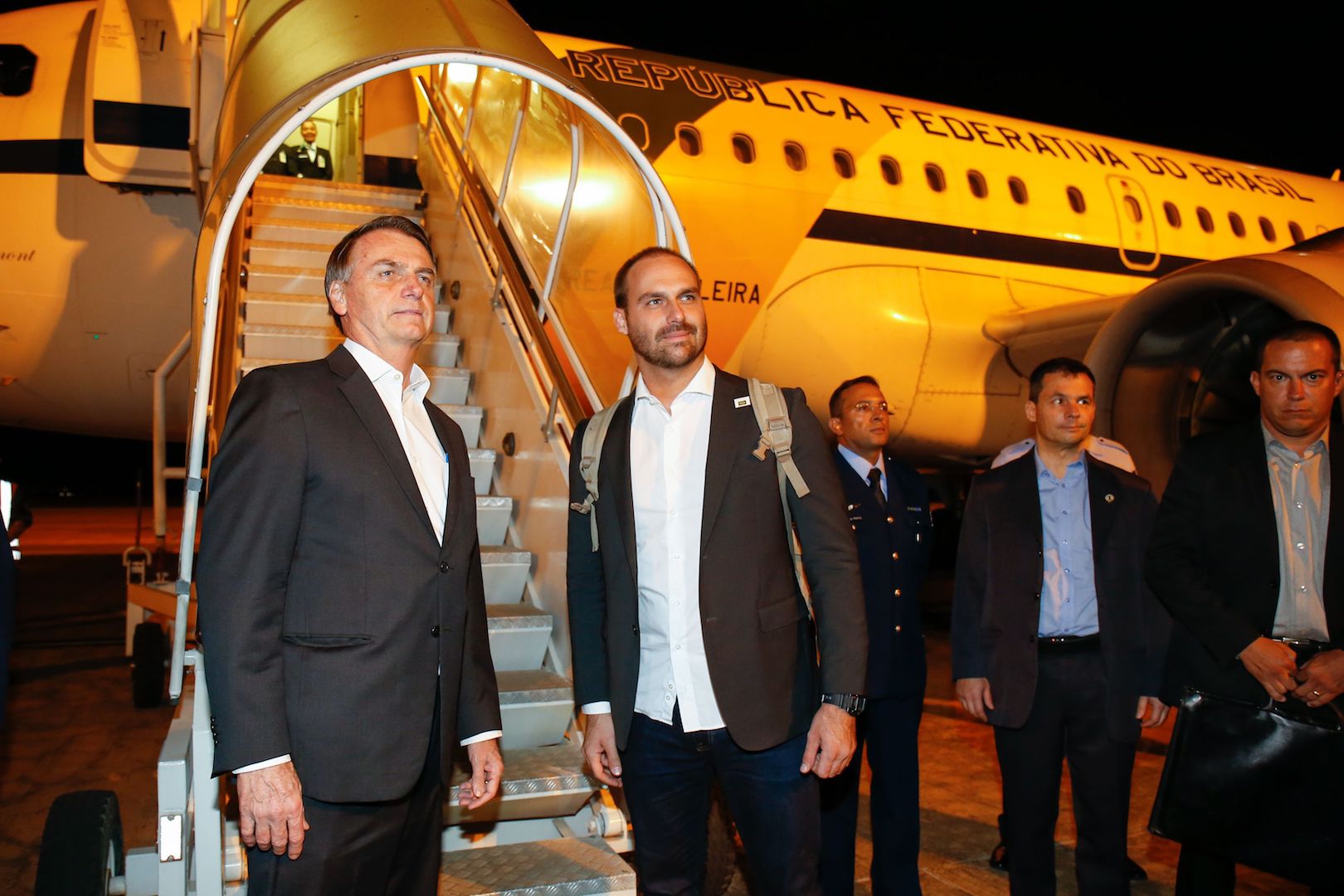 Brazil,President Jair Bolsonaro and his son, Eduardo, board the presidential plane to Davos Switzerland