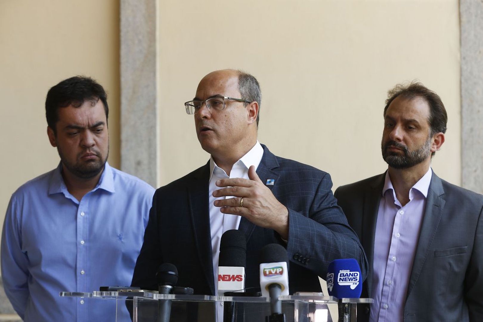 Brazil, Rio de Janeiro,Rio de Janeiro governor, Wilson Witzel talking to reporters.