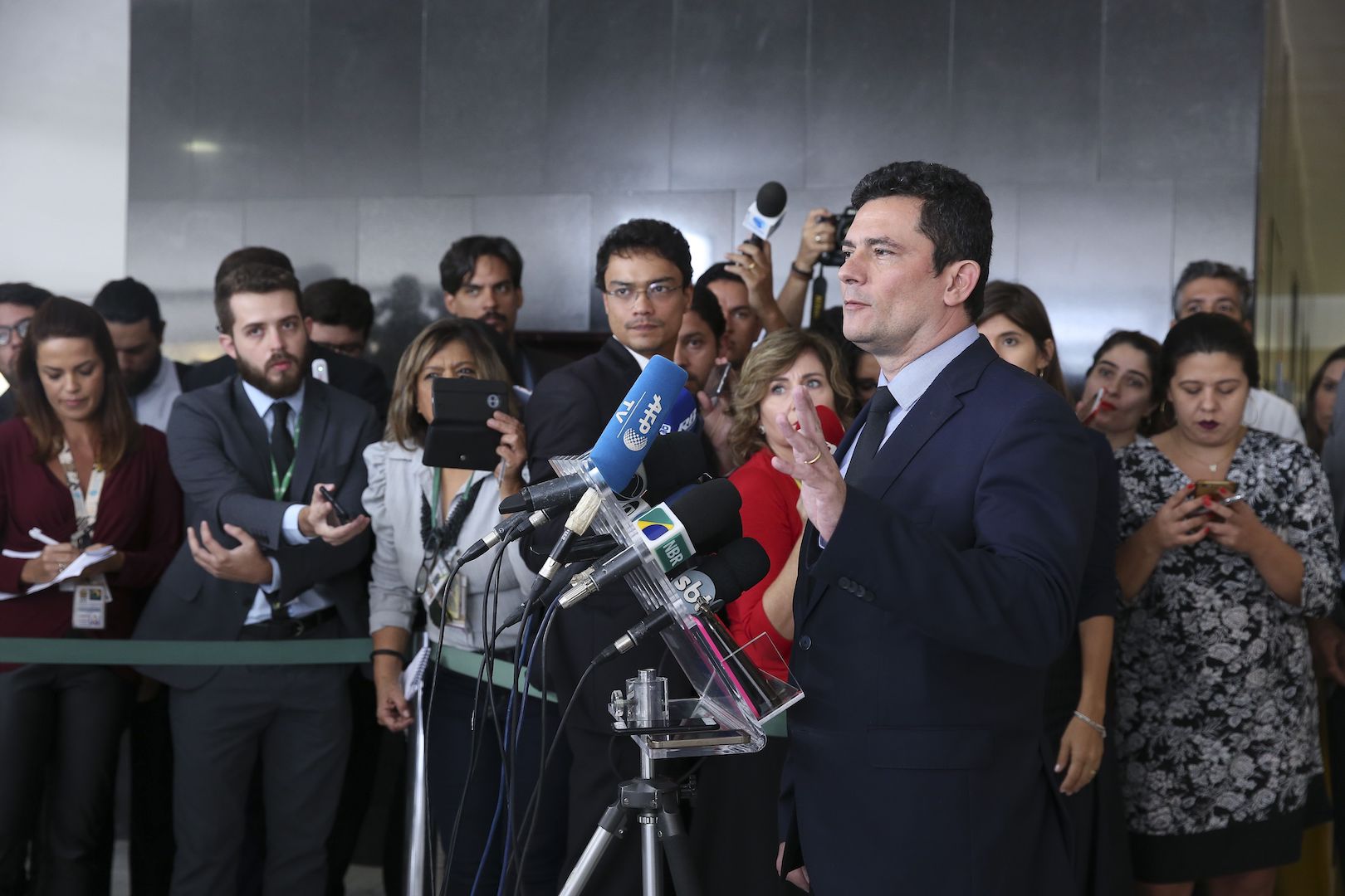 Brazil,Justice Minister, Sergio Moro, speaks to reporters after anti-crime bill signing celebration.