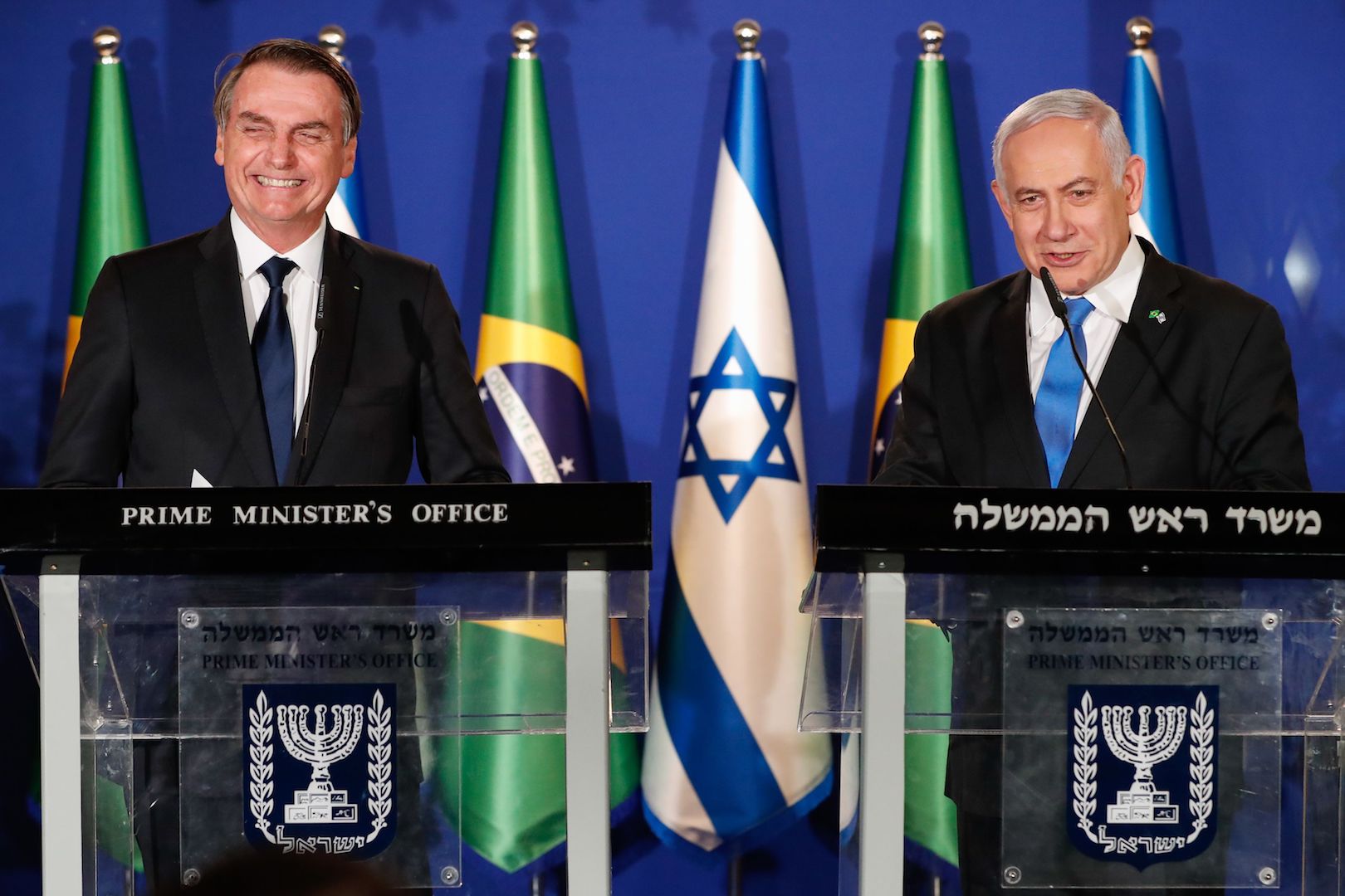 Brazil,Brazil's Jair Bolsonaro and Israel's Benjamin Netanyahu give press conference after meeting.