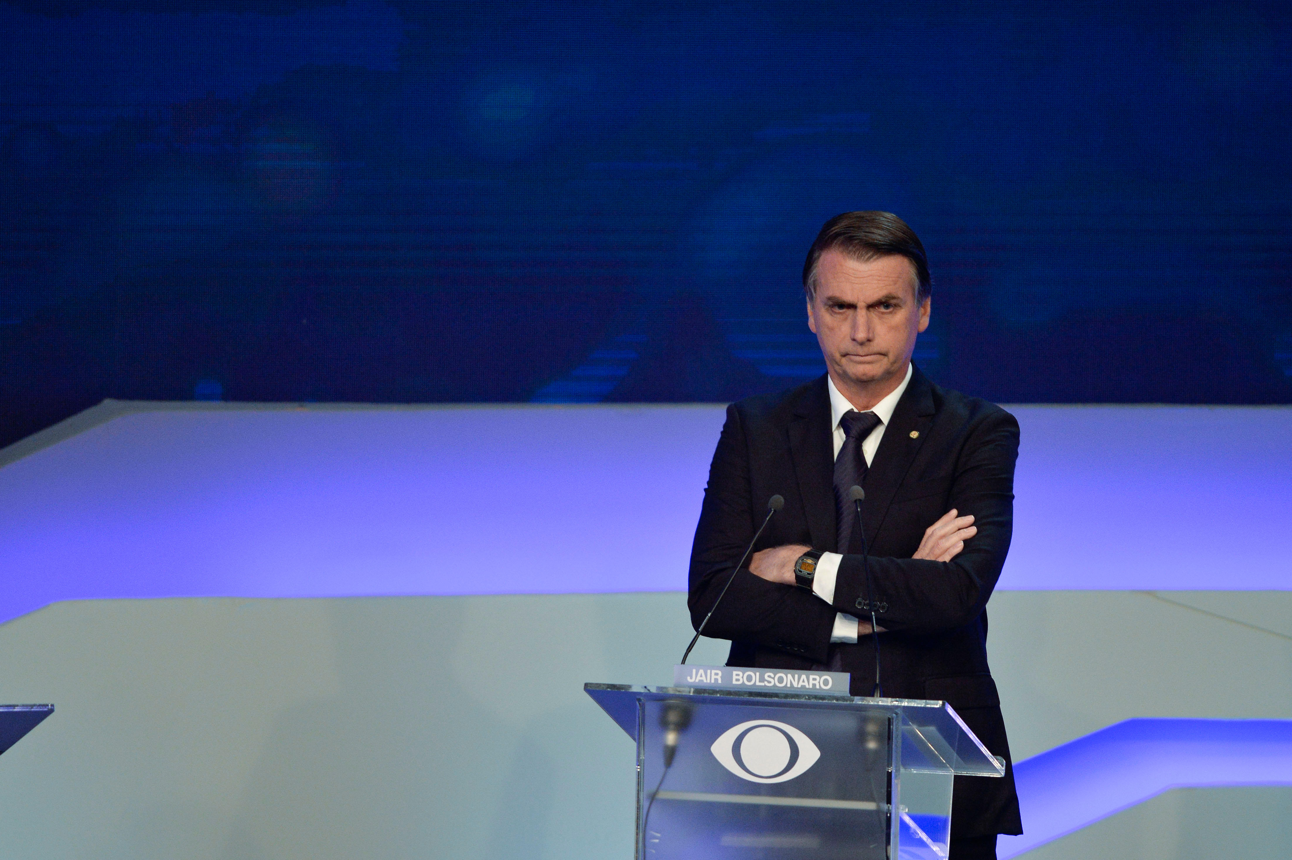 Sao Paulo, Brazil, on August 9, 2018. Brazilian presidential candidate Jair Bolsonaro (PSL), speaks during the first presidential debate ahead of the October 7 general election, at Bandeirantes television network in Sao Paulo, Brazil, on August 9, 2018.