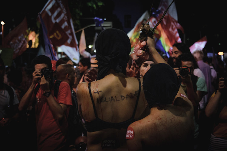 Artists perform a symbolic presentation during a demonstration in downtown Rio de Janeiro (photo: C.H. Gardiner)