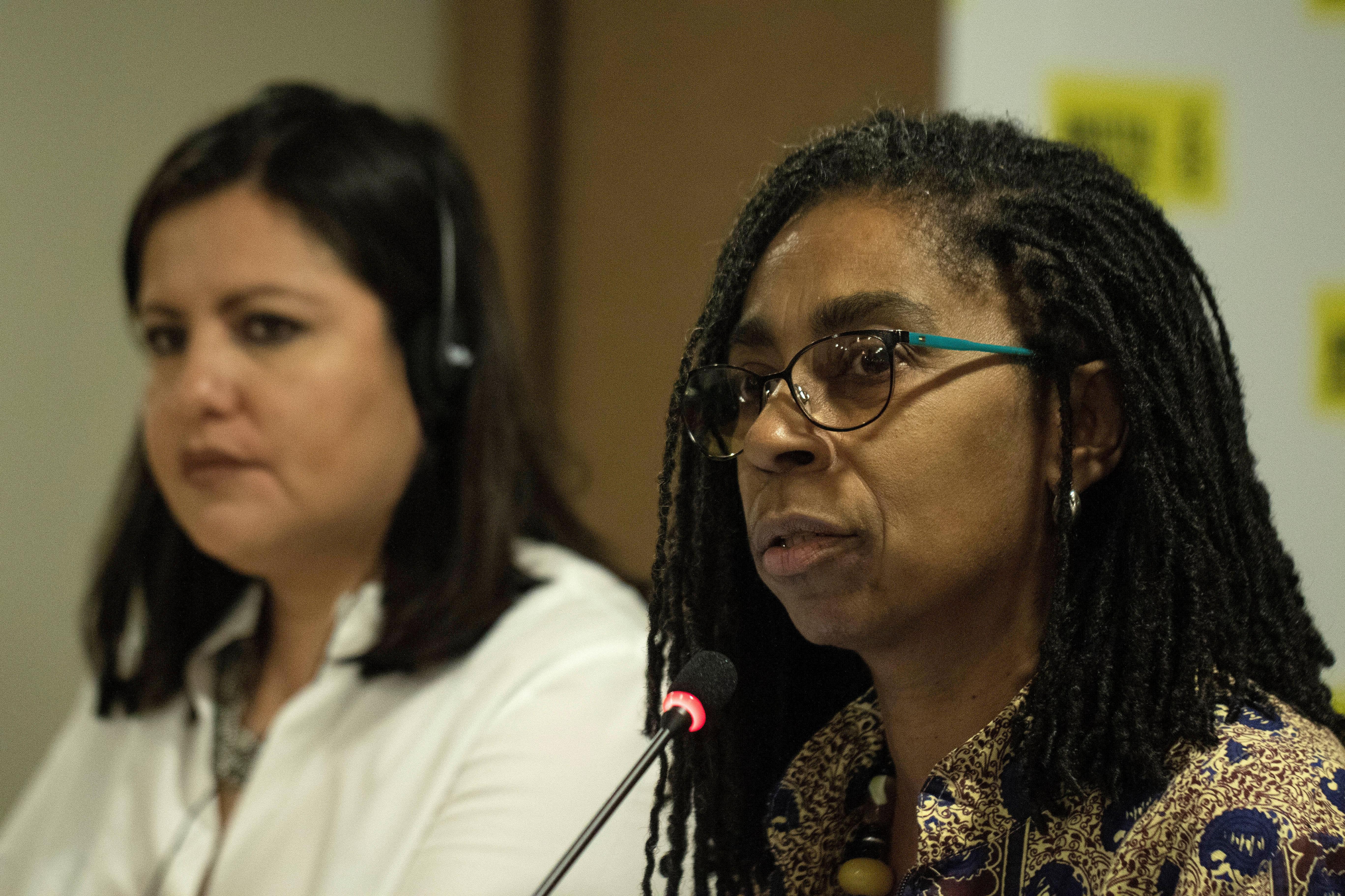 Executive Director of Amnesty International Brazil, Jurema Weneck (R), and the director of AI for America, Erika Guevara Rosas (L) offer a press meeting in Brasilia, Brazil, on 21 May 2019. Amnesty spread a letter with a critic of the "toxic rhetoric" of