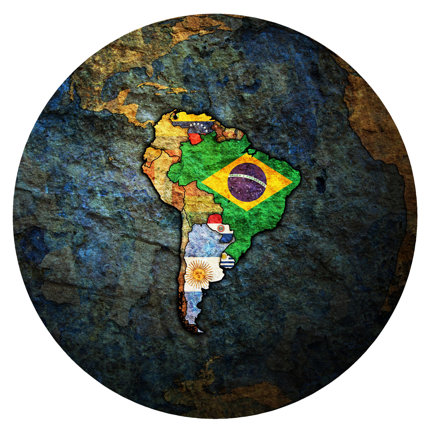 flags of member countries of Mercosur officially called Southern Common Market on political map of globe