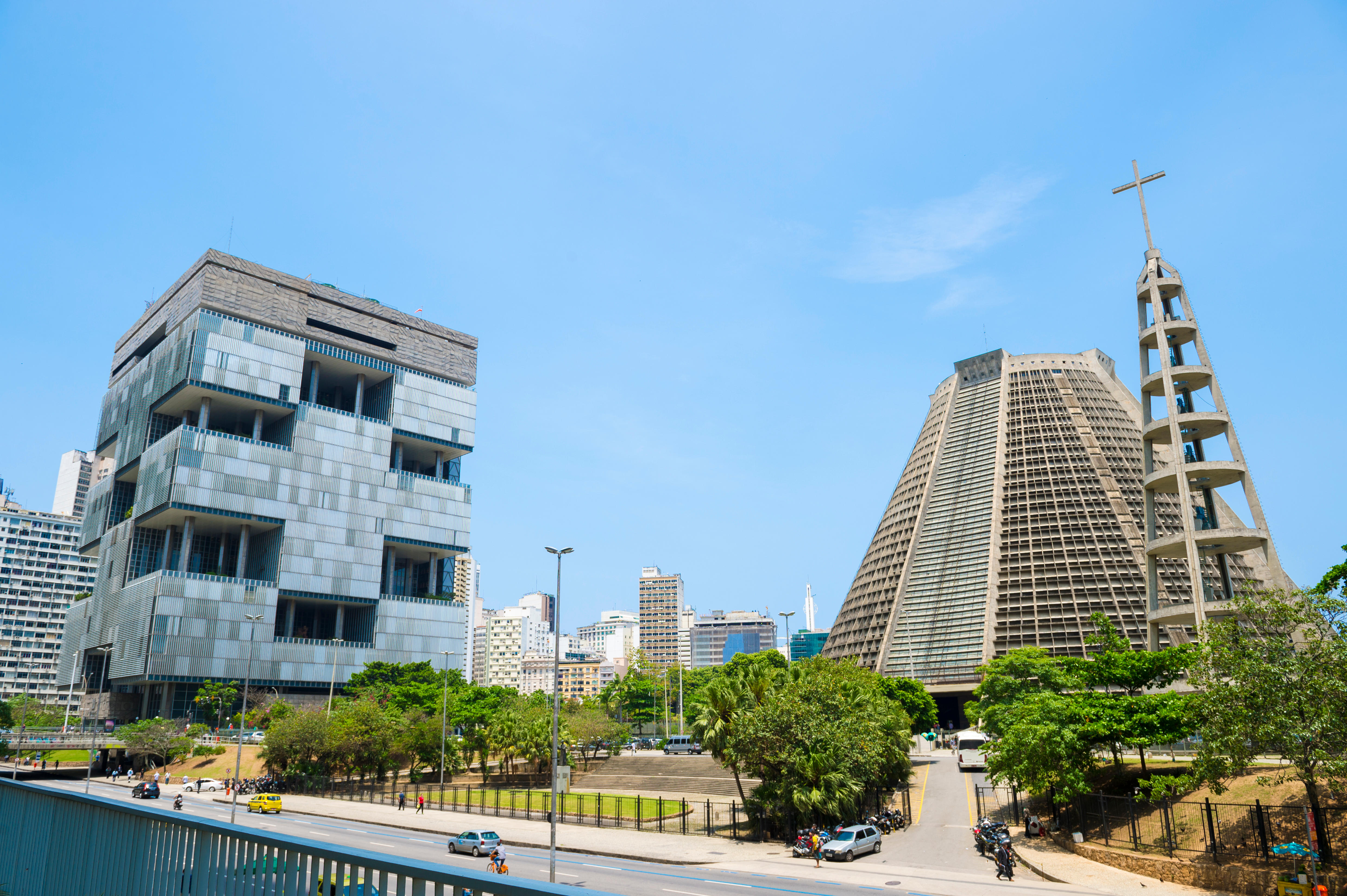 RIO DE JANEIRO, BRAZIL - NOVEMBER 4, 2015: State oil company Petrobras and the Metropolitan Cathedral are modernist landmarks.