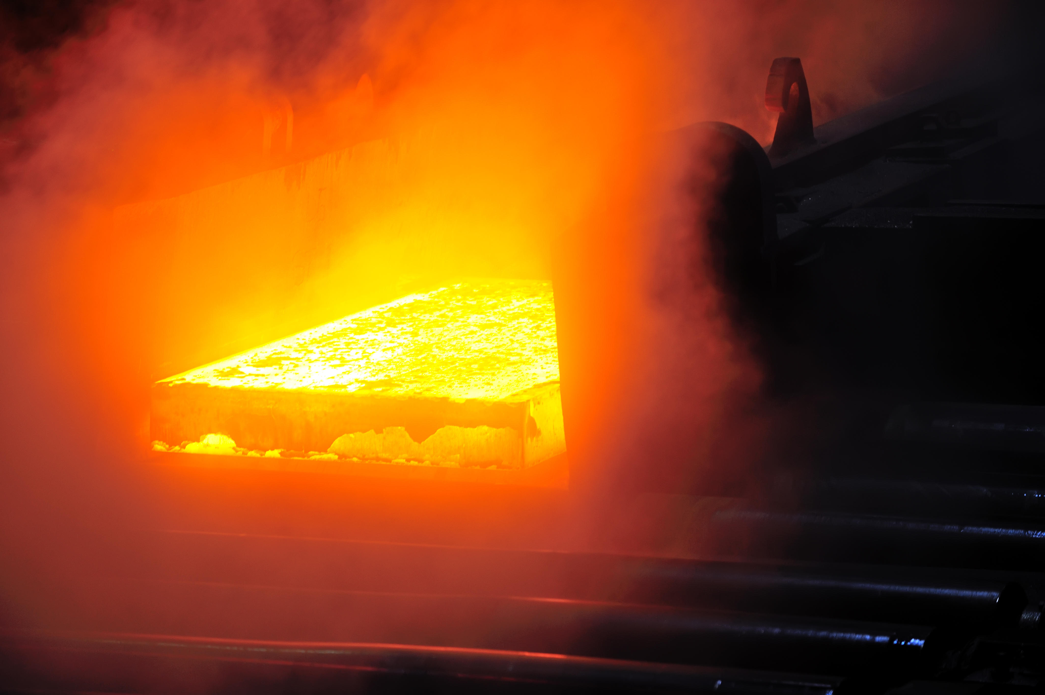 Molten steel being processed at a steel mill.
