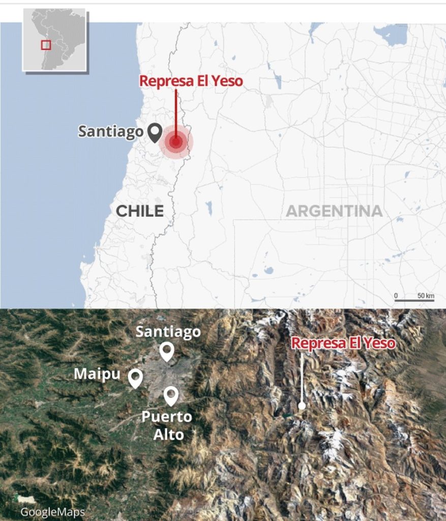 after being struck by rock debris, which came loose from one of the mountains near the El Yeso dam, a tourist spot in the Andes Mountains in the metropolitan area of Santiago.