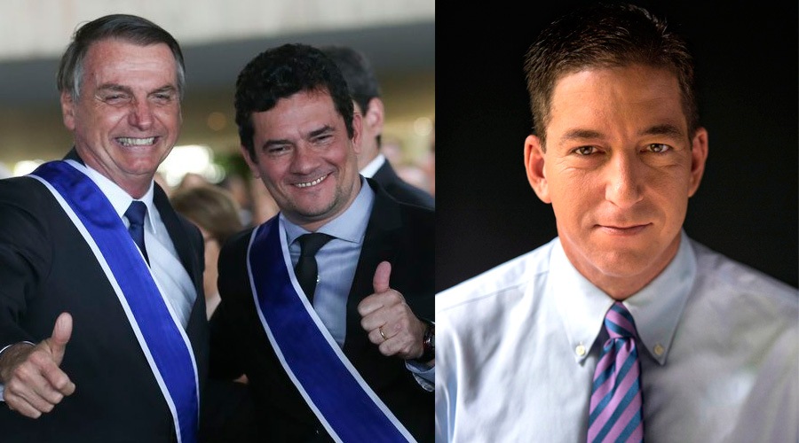 President Jair Bolsonaro and Justice Minister Sérgio Moro (left), and U.S. journalist Glenn Greenwald (right).