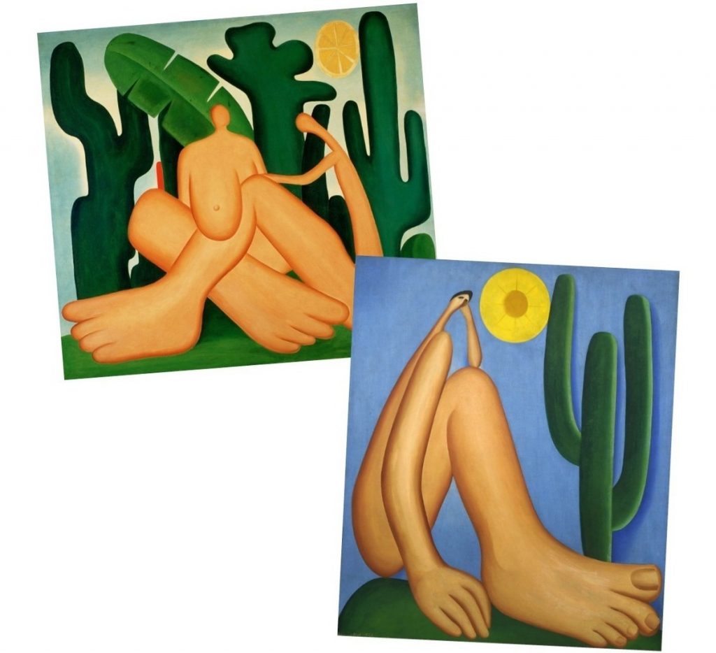 These are two of Tarsila's most famous paintings. 'Antropofagia' on the top and 'Abaporu' on the bottom.