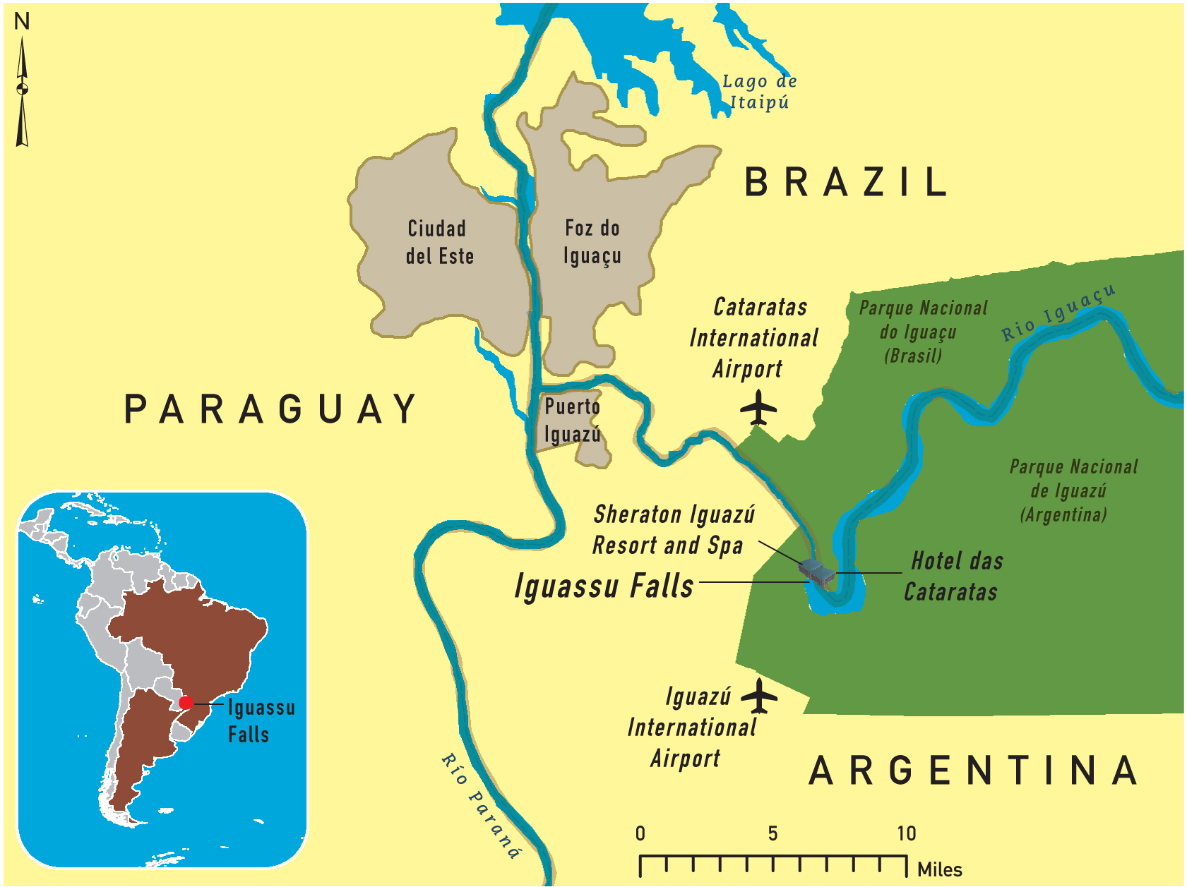 Map showing the triple border between Puerto Iguazú (Argentina), Foz do Iguaçú (Brazil), and Ciudad del Este (Paraguay).