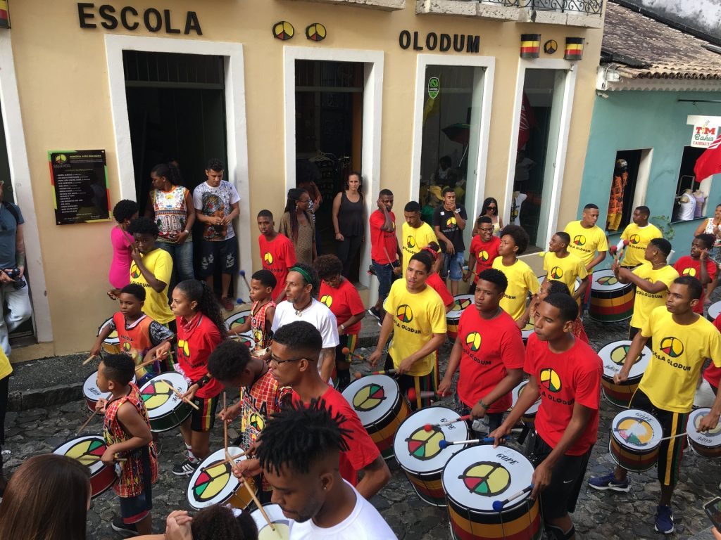An army of Olodum percussionists marches through the small alleys of Pelourinho in Salvador every week.