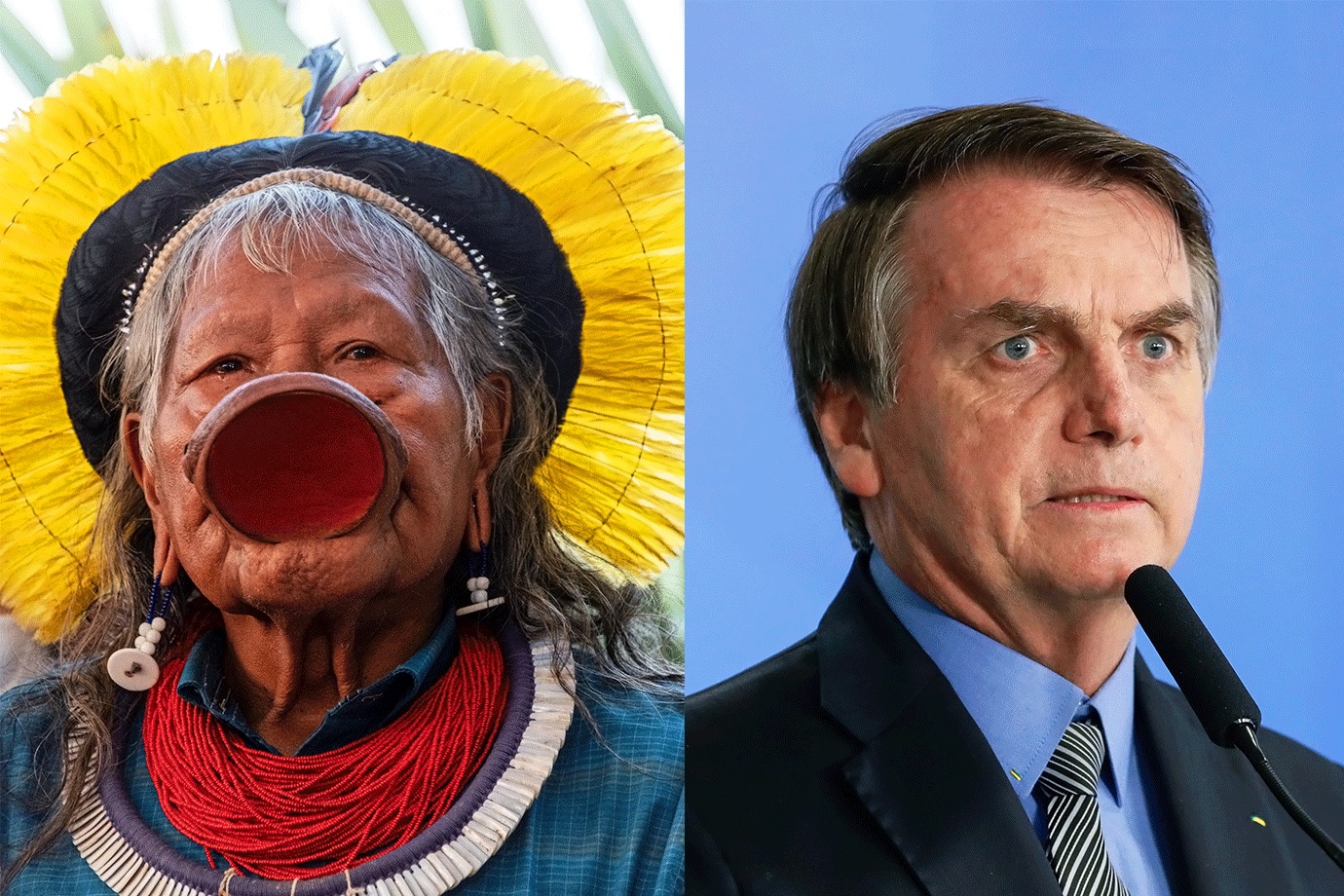 Chief Raoni Metuktire (left) and President Jair Bolsonaro (right).
