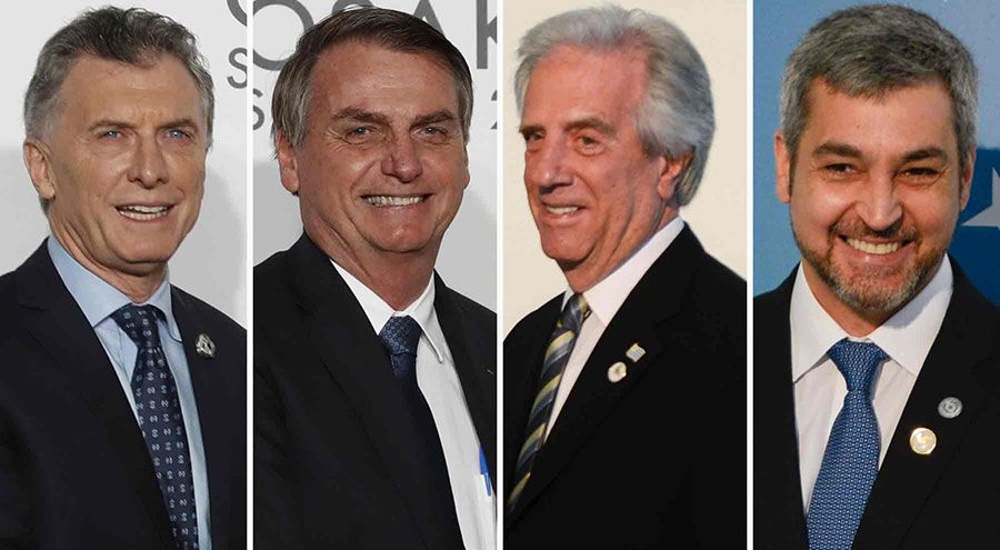 From left to right: Argentine President Mauricio Macri, Brazilian President Jair Bolsonaro, Uruguayan President Tabaré Vázquez, and Paraguayan President Mario Abdo Benítez.