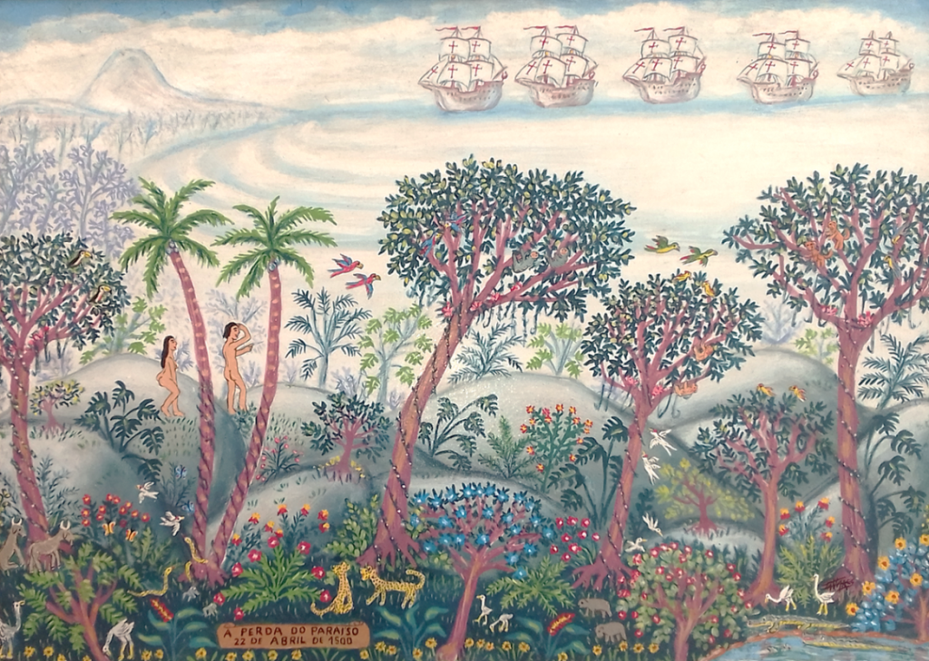 Two natives, surrounded by flora, fauna and animals, look out over the pristine beach to five caravels heading in to land and ‘discover’ Brasil.